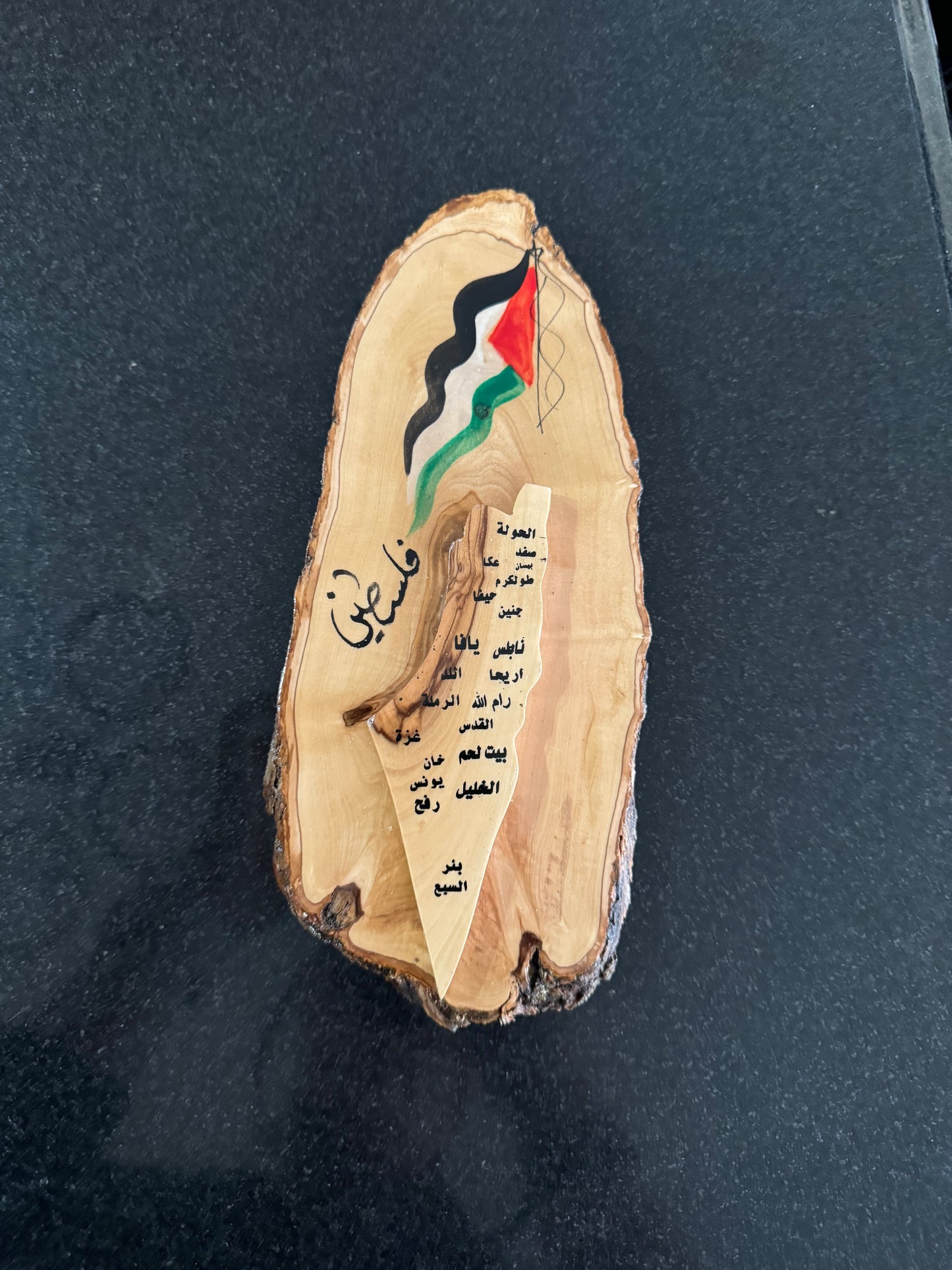 Palestine Flag Map Carving on Olive Tree Wood Slice