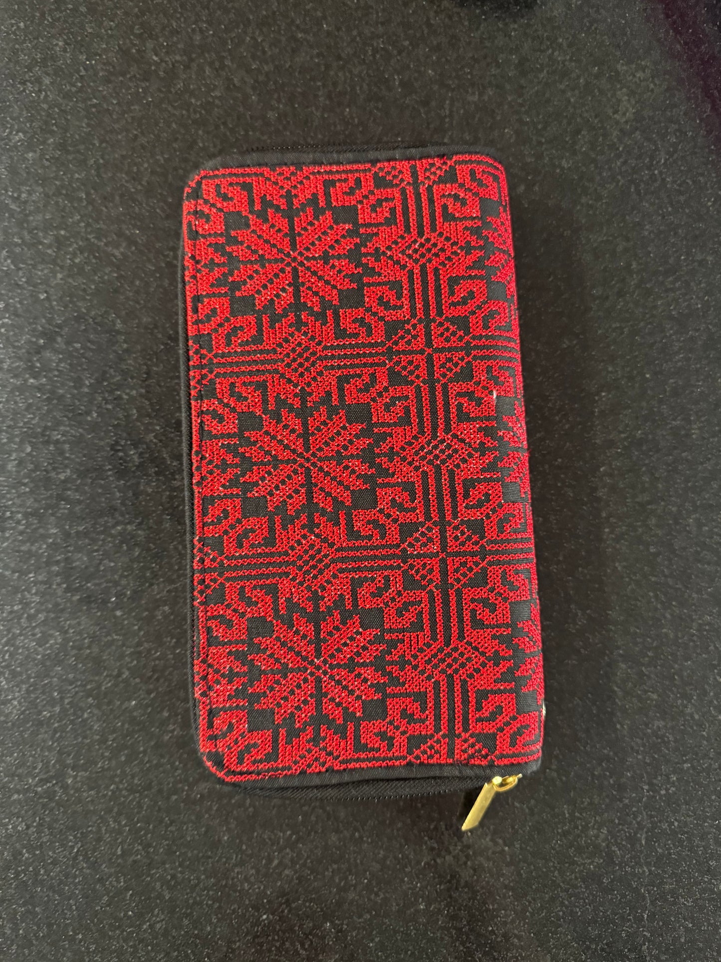 Embroidered wallet red & black with gold accent