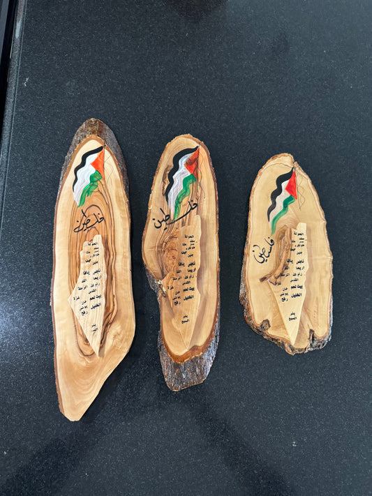 Palestine Flag Map Carving on Olive Tree Wood Slice