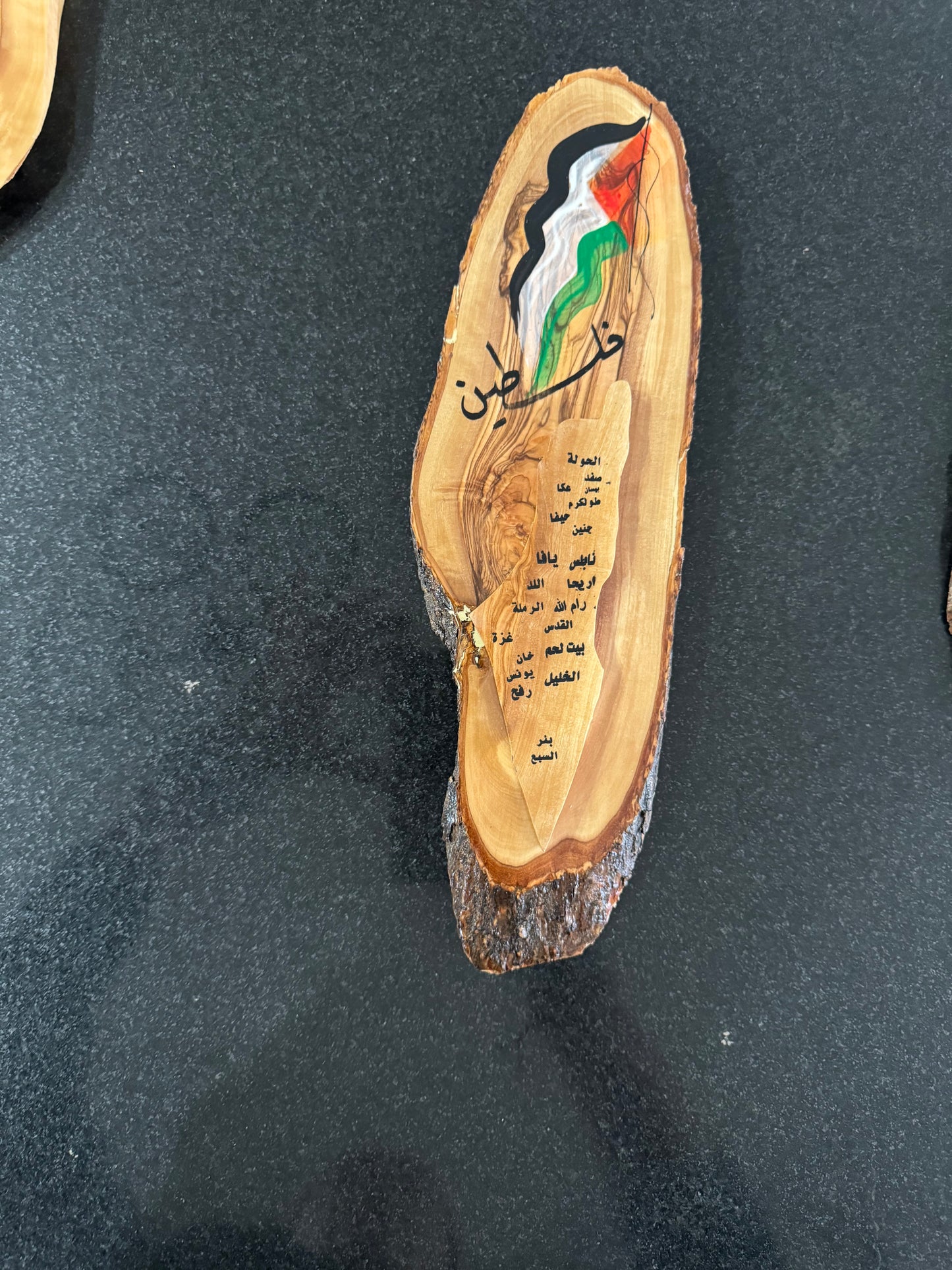 Palestine Flag Map Carving on Olive Tree Wood Slice