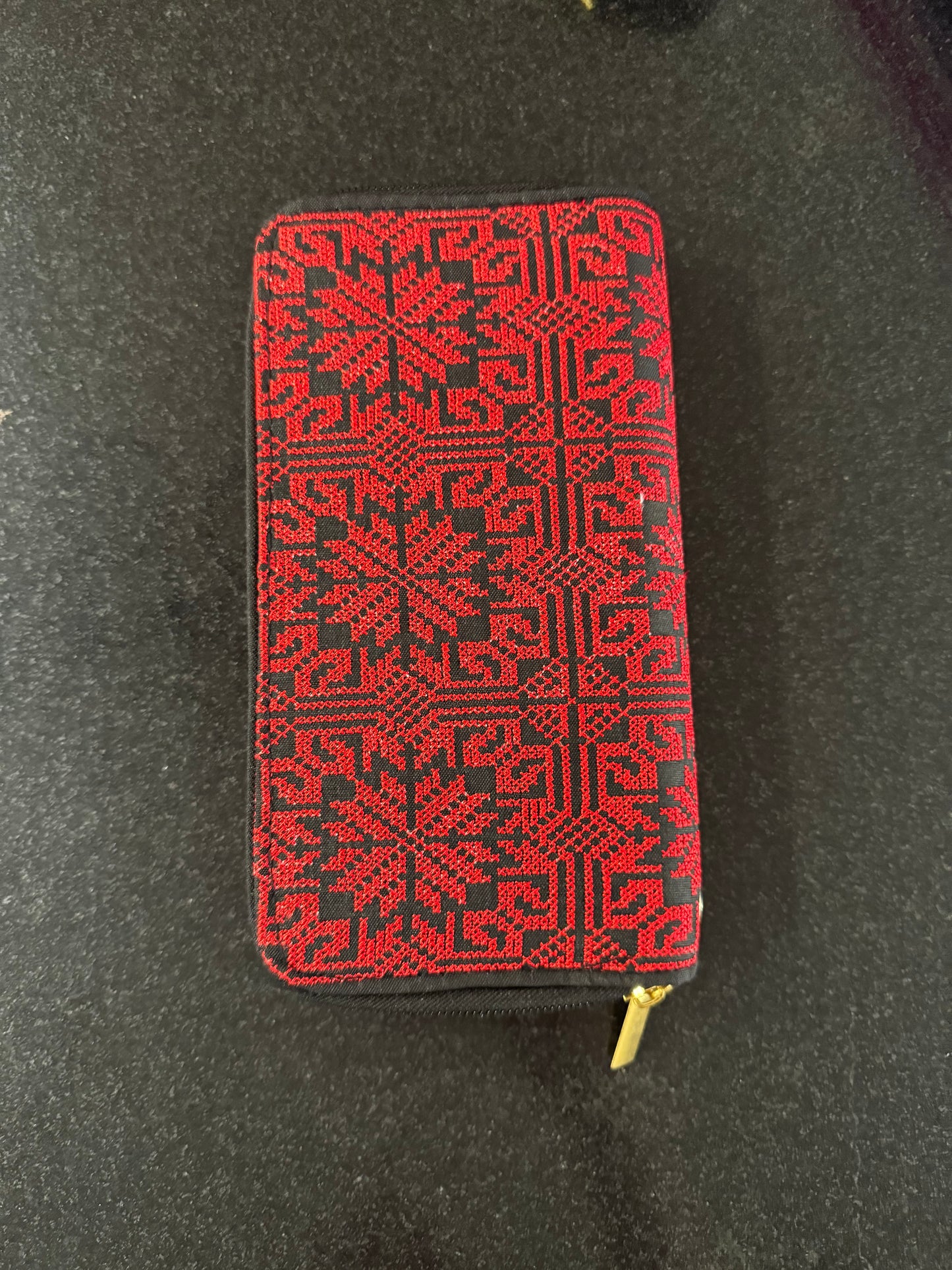 Embroidered wallet red & black with gold accent